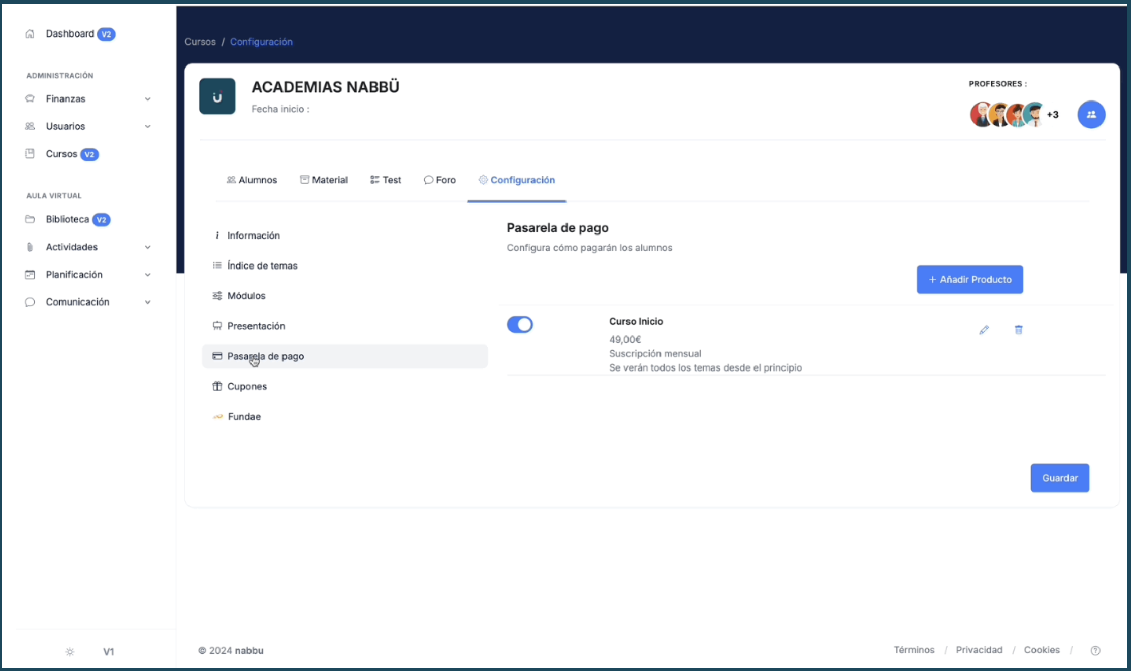 Pasarela de pago de nabbü, el aula virtual para academias y formadores de oposiciones, con opciones de cupones y configuración personalizada de precios.